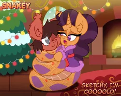 Size: 1006x794 | Tagged: safe, artist:snakeythingy, derpibooru import, saffron masala, oc, oc:sketchy dupe, lamia, original species, snake, snake pony, canon x oc, christmas, christmas tree, clothes, coils, cuddling, fireplace, holiday, looking at each other, monster mare, robe, sketchffron, story included, tree