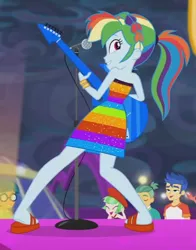 Size: 506x645 | Tagged: safe, derpibooru import, edit, edited screencap, screencap, rainbow dash, equestria girls, equestria girls series, spring breakdown, spoiler:eqg series (season 2), all good (song), bare shoulders, clothes, cropped, dress, feet, heel pop, legs, looking back, looking over shoulder, sandals, sleeveless, strapless