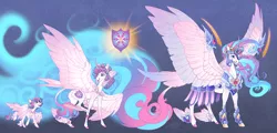 Size: 7428x3570 | Tagged: safe, artist:turnipberry, deleted from derpibooru, derpibooru import, princess flurry heart, alicorn, pony, abstract background, adult, age progression, alternate design, armor, armor skirt, clothes, colored hooves, colored wings, colored wingtips, curved horn, cutie mark, ethereal mane, female, filly, flurry heart pearl of battle, headcanon, horn, horn guard (armor), large wings, leonine tail, mare, older, older flurry heart, skirt, solo, spread wings, teenager, ultimate flurry heart, winged hooves, wings