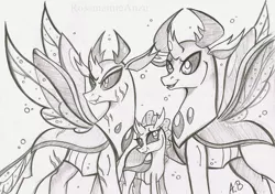 Size: 1024x719 | Tagged: artist:rossmaniteanzu, brothers, changedling, changedling brothers, changeling, derpibooru import, female, grayscale, king thorax, male, monochrome, ocellus, pencil drawing, pharynx, prince pharynx, safe, scar, siblings, simple background, thorax, traditional art, trio, white background
