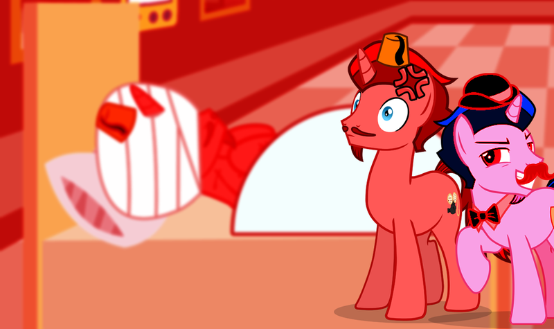 Size: 964x572 | Tagged: safe, artist:jt2zemax, derpibooru import, oc, oc:casper cake, oc:jasper pie, pony, unicorn, bandage, bed, bowler hat, bowtie, cross-popping veins, evil smirk, fez, hat, pillow, wide eyes