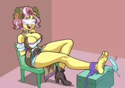 Size: 3507x2481 | Tagged: suggestive, artist:art-2u, derpibooru import, vignette valencia, equestria girls, ankle boots, arm behind back, big breasts, blindfold, bondage, boots, breasts, busty vignette valencia, chair, cleavage, clothes, curvy, feather, feet, female, fetish, flower, flower in hair, foot fetish, hands behind back, holly, laughing, legs, open mouth, pinup, sexy, shoes, sole, solo, solo female, thighs, tickle fetish, tickle torture, tickling, tied to chair, tied up