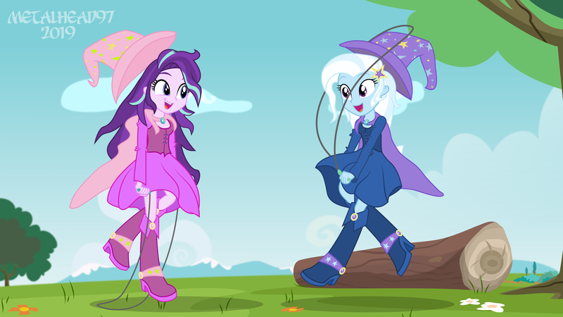 Size: 8000x4500 | Tagged: safe, artist:metalhead97, derpibooru import, starlight glimmer, trixie, equestria girls, barrette, boots, cape, clothes, commission, cute, diatrixes, dress, duo, duo female, fall formal outfits, female, friendship, fun, glimmerbetes, hat, having fun, high heel boots, jump rope, jumping, log, looking at each other, matching outfits, mountain, outfit, shoes, show accurate, showing off, skipping rope, smiling, smirk, trixie's cape, trixie's hat