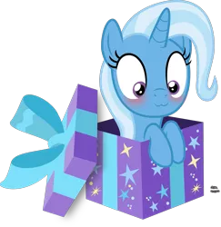 Size: 1559x1602 | Tagged: safe, artist:anime-equestria, derpibooru import, trixie, pony, unicorn, :3, blushing, bow, box, cute, daaaaaaaaaaaw, diatrixes, female, happy, mare, pony in a box, present, simple background, smiling, solo, transparent background, vector