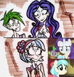 Size: 2236x2322 | Tagged: safe, artist:citi, derpibooru import, screencap, coco pommel, rarity, spike, human, rarity takes manehattan, fangs, humanized, present, scene interpretation, screencap reference, traditional art