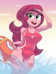 Size: 2400x3200 | Tagged: suggestive, artist:hananpacha, derpibooru import, gloriosa daisy, equestria girls, abs, armpits, breasts, busty gloriosa daisy, clothes, erect nipples, female, lifeguard, nipple outline, ocean, one-piece swimsuit, open mouth, solo, solo female, swimsuit, water