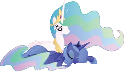 Size: 4820x2930 | Tagged: safe, artist:wraithx79, derpibooru import, princess celestia, princess luna, alicorn, pony, absurd resolution, crown, cute, cutelestia, daaaaaaaaaaaw, duo, duo female, ethereal mane, eyes closed, female, high res, hnnng, hoof shoes, jewelry, lunabetes, mare, prone, regalia, royal sisters, s1 luna, siblings, simple background, sisterly love, sisters, sleeping, transparent background, vector