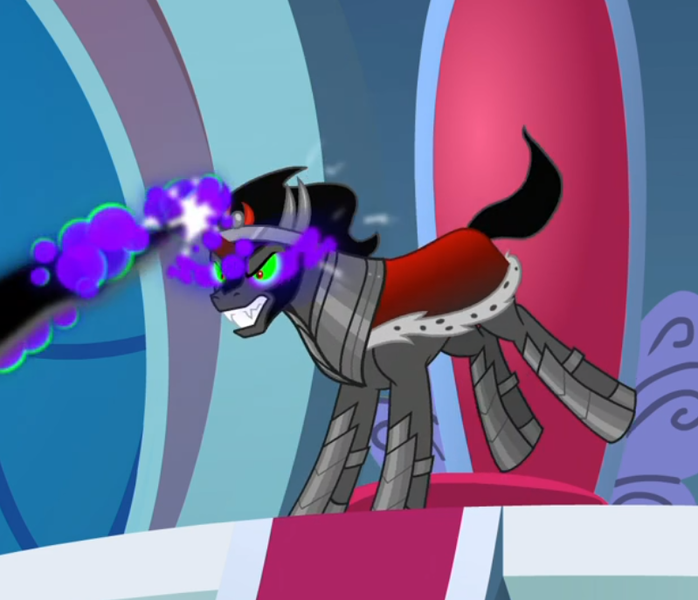 Size: 799x687 | Tagged: safe, derpibooru import, screencap, king sombra, pony, unicorn, the beginning of the end, blast, cropped, dark magic, glowing eyes, magic, magic blast, solo