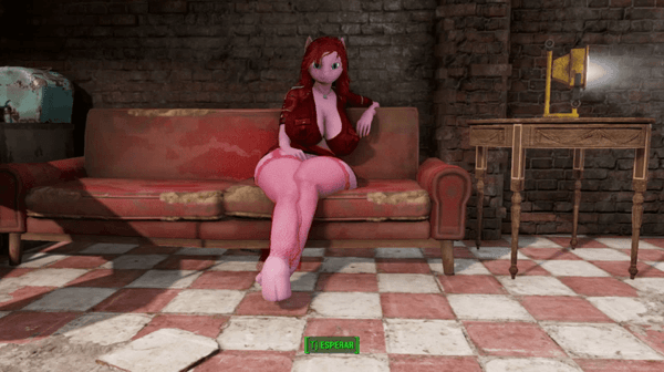 Size: 600x336 | Tagged: safe, artist:t-box, derpibooru import, oc, oc:moon lee, anthro, earth pony, unguligrade anthro, 3d, animated, big breasts, blue eyes, bouncing, bouncing breasts, breasts, clothes, couch, crossed legs, dress, fallout, fallout 4, fallout 4 equestria mod, fallout 4 mod, female, game mod, gif, hooves, huge breasts, legs, looking at you, pantyhose, pink skin, red clothes, screenshots, solo, wide hips