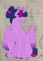 Size: 2247x3176 | Tagged: safe, artist:lunarainbowfarts, derpibooru import, twilight sparkle, twilight sparkle (alicorn), alicorn, pony, alternate hairstyle, female, horn, lined paper, preglight sparkle, pregnant, sitting, solo, unshorn fetlocks, wings