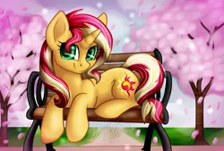 Size: 1280x865 | Tagged: safe, artist:gleamydreams, derpibooru import, sunset shimmer, pony, unicorn, bench, cherry blossoms, cherry tree, cute, female, flower, flower blossom, mare, shimmerbetes, signature, solo, tree
