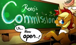 Size: 1500x900 | Tagged: safe, artist:renokim, derpibooru import, oc, oc:city roast, unofficial characters only, pony, unicorn, advertisement, chalkboard, glasses, grin, horn, male, nervous, sitting, smiling, solo, speech, stallion, talking, unamused, unicorn oc, unshorn fetlocks