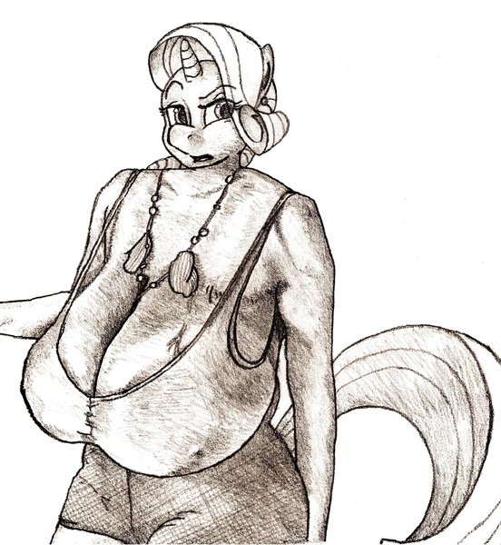 Size: 3576x3888 | Tagged: questionable, artist:horselover fat, derpibooru import, edit, rarity, anthro, annoyed, big breasts, breasts, busty rarity, cleavage, clothes, female, huge breasts, impossibly large breasts, jewelry, looking back, monochrome, necklace, reaching out, saggy breasts, solo, story included, tanktop, update, vein bulge, veiny breasts