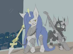 Size: 1600x1200 | Tagged: safe, artist:k_clematis, derpibooru import, oc, oc:caroline, changeling, pony, unicorn, armor, bipedal, building, changeling oc, clothes, duo, glowing horn, headset, helmet, hoof hold, horn, magic, night, spear, telekinesis, weapon