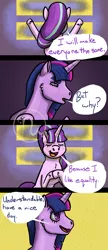 Size: 1300x3000 | Tagged: safe, artist:azurllinate, derpibooru import, starlight glimmer, twilight sparkle, twilight sparkle (alicorn), alicorn, pony, unicorn, back to viewer, blushing, comic strip, equal sign, equality, eyes closed, facing away, female, hoof on chest, just a pancake, kingdom hearts, legs raised, mare, ponytail, questioning, smiling, speech, speech bubble, squint, talking