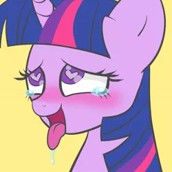 Size: 1026x1026 | Tagged: safe, artist:cherrydayz, derpibooru import, twilight sparkle, pony, unicorn, ahegao, blushing, bust, commission, crying, drool, eyes rolling back, female, heart eyes, lidded eyes, mare, open mouth, simple background, smiling, solo, tears of pleasure, teary eyes, tongue out, unicorn twilight, wingding eyes, ych result, yellow background