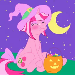 Size: 2520x2520 | Tagged: safe, artist:cherrydayz, artist:sketchy_fox, derpibooru import, oc, oc:cherry days, unicorn, bow, candy, cheeks, chest fluff, colored, crescent moon, cute, cutie mark, eating, eyes closed, female, food, full body, halloween, hat, holiday, moon, night, nightmare night, pink coat, pink mane, pumpkin bucket, simple background, sitting, sketch, solo, stars, straight mane, sweets, tail bow, transparent moon, trick or treat, underhoof, witch costume, witch hat
