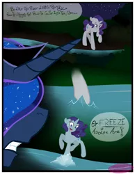 Size: 3500x4500 | Tagged: safe, artist:becauseimpink, derpibooru import, princess luna, rarity, alicorn, pony, unicorn, comic:transition, comic, dialogue, elusive, ethereal mane, night, prince artemis, river, rule 63, starry mane, stars, surprised, transgender