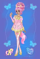 Size: 800x1162 | Tagged: suggestive, artist:kharis-art, derpibooru import, fluttershy, butterfly, human, equestria girls, big hair, blue background, bow, breasts, clothes, cosplay, costume, cute, flower, flower in hair, garters, girly, glitter, heavy makeup, high heels, lipstick, long tail, looking at you, makeup, nails, pony ears, shoes, simple background, socks, stockings, thigh highs, updo