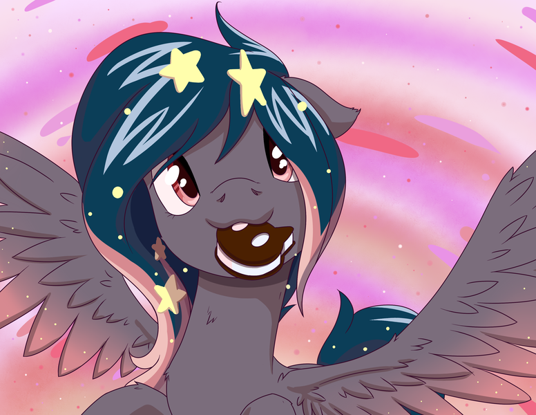 Size: 3300x2550 | Tagged: safe, artist:misterph0enix, derpibooru import, oc, oc:star universe, pegasus, pony, cookie cat, ethereal mane, female, ice cream sandwich, mare, spread wings, starry mane, steven universe, wings