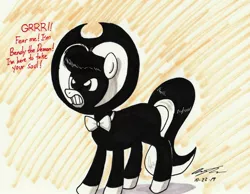 Size: 2504x1941 | Tagged: safe, artist:newyorkx3, derpibooru import, oc, oc:tommy junior, pony, bendy and the ink machine, clothes, cosplay, costume, halloween, halloween costume, holiday, traditional art