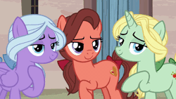 Size: 800x450 | Tagged: safe, derpibooru import, screencap, dear darling, fond feather, swoon song, pegasus, pony, unicorn, hard to say anything, animated, background pony, bimbettes, cat calling, female, gif, hitting on, laughing, laughingmares.jpg, mare, one eye closed, three is better than one, three is better than two, trio, trio female, waving, wink
