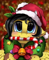 Size: 1446x1764 | Tagged: safe, artist:pridark, derpibooru import, oc, oc:reia hope, earth pony, pony, blue eyes, candy, candy cane, christmas, commission, cute, food, hat, holiday, ocbetes, pridark's christmas ponies, santa hat, solo, wreath, ych result