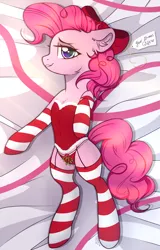 Size: 1918x3000 | Tagged: suggestive, artist:reterica, derpibooru import, pinkie pie, earth pony, semi-anthro, body pillow, body pillow design, bow, chest fluff, christmas presents, clothes, colored pupils, commission, cute, ear fluff, female, gift tag, holly, human shoulders, humanoid torso, leg fluff, looking at you, mare, mistleholly, mistletoe, on back, profile, ribbon, socks, solo, stockings, striped socks, thigh highs, ych result