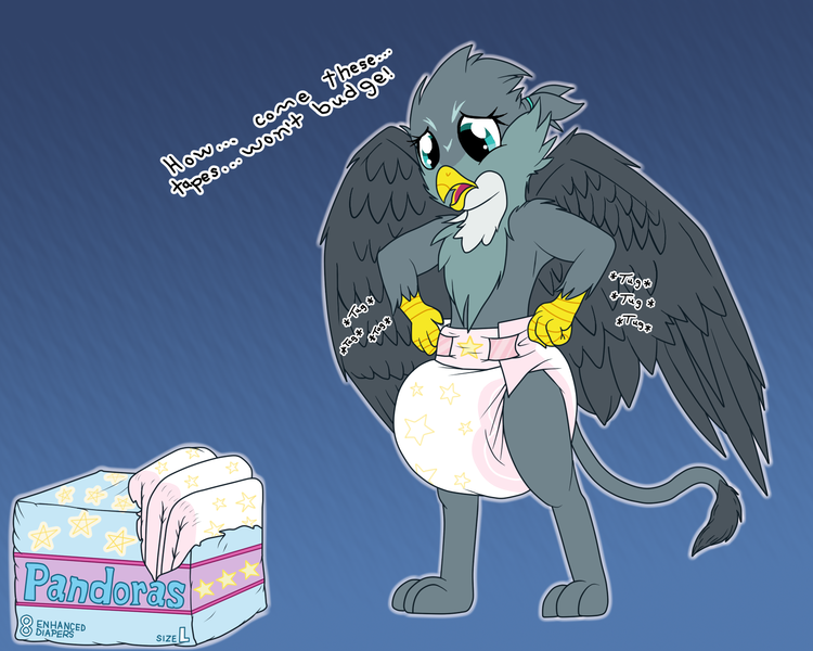 Size: 1600x1280 | Tagged: questionable, artist:hodgepodgedl, artist:padded_red_dragon, derpibooru import, gabby, gryphon, cute, diaper, diaper fetish, diaper package, fetish, poofy diaper, solo, stuck, tugging