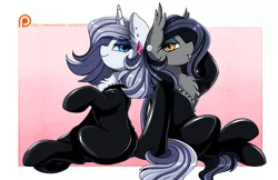 Size: 2430x1576 | Tagged: safe, artist:pridark, derpibooru import, oc, oc:platinum decree, oc:vibrant vision, unofficial characters only, bat pony, pony, unicorn, bat pony oc, bat wings, catsuit, chest fluff, clothes, duo, ear piercing, earring, female, high res, jewelry, latex, latex suit, mare, milf, patreon, patreon logo, patreon reward, piercing, shiny, simple background, sitting, wings