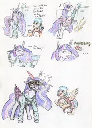 Size: 2432x3368 | Tagged: safe, artist:grimmyweirdy, derpibooru import, flash sentry, princess twilight 2.0, twilight sparkle, twilight sparkle (alicorn), alicorn, pony, the last problem, apron, bucket, clothes, faic, female, flashlight, hoodie, long, male, older, shipping, straight, teasing, tongue out, traditional art, whisk, whiskers, xk-class end-of-the-kitchen scenario