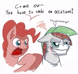 Size: 917x871 | Tagged: safe, artist:khaki-cap, derpibooru import, pinkie pie, oc, oc:khaki-cap, pony, clothes, digital, funny, irritated, sketch, smiley face, staples