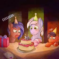 Size: 894x894 | Tagged: safe, artist:emerson-vzn, derpibooru import, oc, oc:aevery, oc:holly, oc:nyreen, bat pony, pegasus, pony, birthday, birthday cake, birthday hats, birthday present, cake, candle, candlelight, clothes, digital art, female, food, group, male, socks