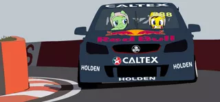 Size: 2263x1051 | Tagged: safe, artist:didgereethebrony, derpibooru import, oc, oc:didgeree, oc:ponyseb, pegasus, pony, 888, bathurst, caltex, car, colored, concrete wall, craig lowndes, flat colors, helmet, holden, holden commodore, hot lap, mlp in australia, mount panorama, mount panorama circuit, race track, racecar, redbull, scared, trace, v8 supercars