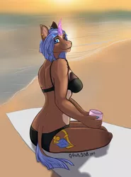 Size: 1200x1620 | Tagged: safe, artist:amber-wind, derpibooru import, oc, oc:choco lapis, unofficial characters only, anthro, unicorn, beach, black underwear, bra, clothes, crystal horn, cup, ear piercing, earring, female, horn, jewelry, looking at you, looking back, looking back at you, panties, piercing, sitting, solo, sunset, underwear