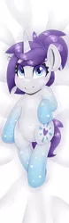 Size: 2125x6802 | Tagged: safe, alternate version, artist:partylikeanartist, derpibooru import, oc, oc:indigo wire, unofficial characters only, pony, unicorn, bed, blushing, body pillow, body pillow design, colored pupils, cute, dakimakura cover, dakimakura for christmas, female, from above, frown, gradient hooves, grumpy, laying on bed, looking at you, lying down, mare, ocbetes, on back, on bed, ponytail, shy, solo, wingding eyes