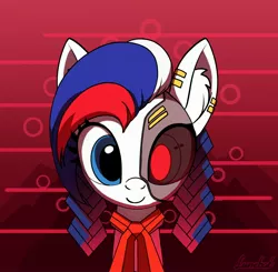 Size: 2912x2848 | Tagged: safe, artist:lunebat, derpibooru import, oc, oc:marussia, ponified, unofficial characters only, cyborg, pony, blue eye, nation ponies, piercing, red background, russia, simple background, smiling, solo