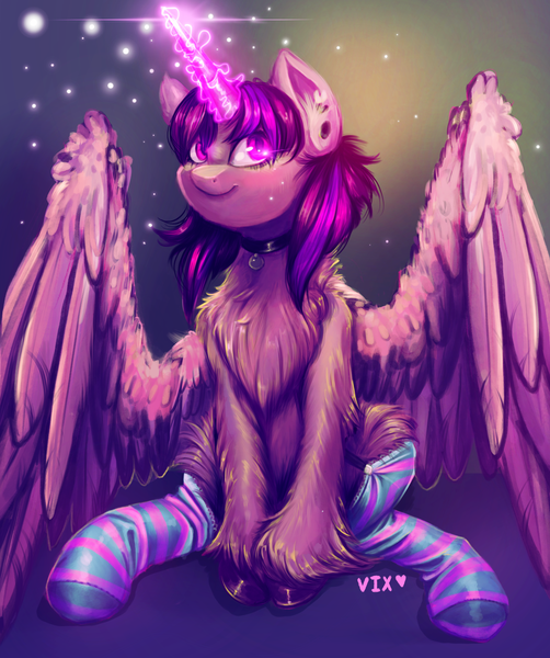 Size: 3355x4008 | Tagged: safe, artist:thewickedvix, derpibooru import, twilight sparkle, twilight sparkle (alicorn), alicorn, pony, book, chest fluff, clothes, collar, ear fluff, ear piercing, fluffy, glowing horn, horn, piercing, socks, solo, striped socks, unshorn fetlocks