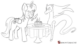 Size: 3985x2302 | Tagged: safe, artist:teabucket, deleted from derpibooru, derpibooru import, oc, oc:parcly taxel, oc:spindle, unofficial characters only, alicorn, pony, windigo, alicorn oc, birthday cake, birthday present, cake, candle, female, food, horn, horn ring, knife, levitation, magic, mare, monochrome, patreon, patreon logo, patreon reward, ring, sketch, smiling, table, telekinesis, windigo oc, wings