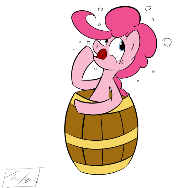 Size: 1024x1024 | Tagged: artist needed, safe, derpibooru import, pinkie pie, pony, pinkiepieskitchen, barrel, drunk, drunkie pie, simple background, solo, tongue out, white background