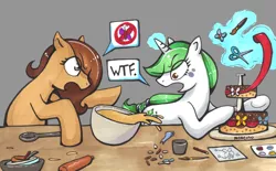 Size: 2235x1386 | Tagged: safe, artist:norcinu, derpibooru import, oc, oc:caramel slice, oc:emerald glitter, unofficial characters only, earth pony, unicorn, brush, cake, female, food, rolling pin, scissors, solo, spoon, traditional art, wtf