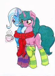 Size: 762x1048 | Tagged: safe, artist:inphero, derpibooru import, trixie, violet twirl, pony, blushing, clothes, crack shipping, female, friendship student, lesbian, scarf, shared clothing, shared scarf, shipping, snow, socks, striped socks, traditional art