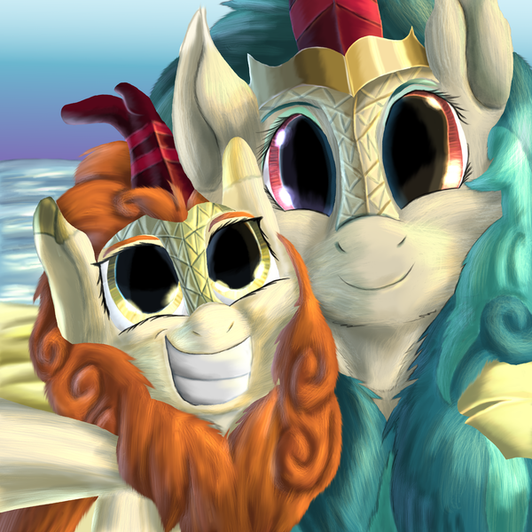 Size: 2168x2168 | Tagged: artist:firefanatic, autumn blaze, beach, big grin, crown, cute, derpibooru import, fluffy, grin, jewelry, kirin, rain shine, regalia, safe, selfie, smiling