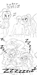 Size: 2250x4500 | Tagged: suggestive, artist:tjpones, derpibooru import, adagio dazzle, aria blaze, sonata dusk, oc, oc:anon, human, equestria girls, armpits, bait and switch, bed, bed hair, black and white, boxers, bra, braless, breasts, butt, casual nudity, clothed female nude female, clothed male nude female, clothes, comic, dialogue, drool, female, grayscale, hands on shoulder, harem, massage, monochrome, nudity, onomatopoeia, panties, partial nudity, pillow, shirt, sleeping, sleeping in the nude, sleeping with sirens, snoring, sound effects, the dazzlings, topless, underwear, undressing, zzz