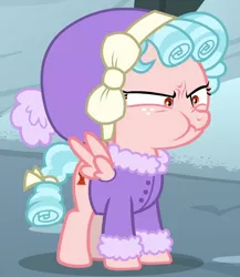 Size: 852x982 | Tagged: safe, derpibooru import, screencap, cozy glow, pegasus, pony, frenemies (episode), clothes, cozy glow is best facemaker, cozy glow is not amused, cozybetes, cropped, cross-popping veins, cute, faic, female, filly, foal, hat, jacket, nose wrinkle, puffy cheeks, scrunchy face, spread wings, vein bulge, wings, winter outfit