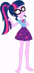 Size: 403x865 | Tagged: safe, artist:marcorois, derpibooru import, edit, editor:thomasfan45, sci-twi, twilight sparkle, human, equestria girls, equestria girls series, barefoot, clothes, cute, cutie mark, cutie mark on clothes, edited vector, feet, female, geode of telekinesis, glasses, magical geodes, miniskirt, pointing behind, ponytail, simple background, skirt, solo, vector, white background