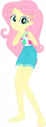 Size: 310x853 | Tagged: safe, artist:marcorois, derpibooru import, edit, editor:thomasfan45, fluttershy, human, equestria girls, equestria girls series, i'm on a yacht, spoiler:eqg series (season 2), barefoot, clothes, cute, edited vector, feet, female, geode of fauna, legs, looking at you, magical geodes, sexy, shorts, shyabetes, simple background, smiling, solo, vector, white background