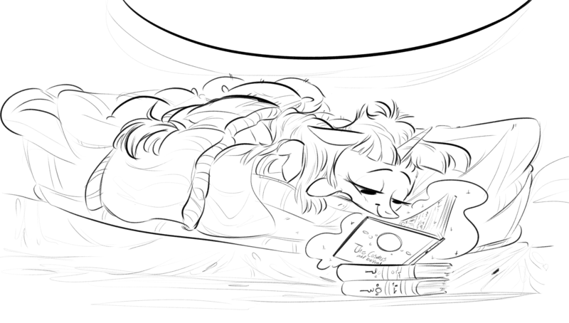 Size: 4000x2268 | Tagged: safe, alternate version, artist:imsokyo, derpibooru import, twilight sparkle, pony, unicorn, /mlp/, bed, bedroom, book, cute, female, golden oaks library, laying on bed, lidded eyes, magic, mare, monochrome, on bed, reading, solo, telekinesis, unicorn twilight