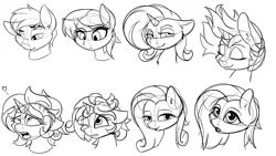 Size: 3840x2160 | Tagged: safe, artist:flufflepimp, derpibooru import, earth pony, pony, unicorn, ahegao, bust, expressions, eyes closed, female, heart, learning to draw, lineart, mare, monochrome, one eye closed, open mouth, simple background, sketch, sketch dump, tongue out, white background, wink