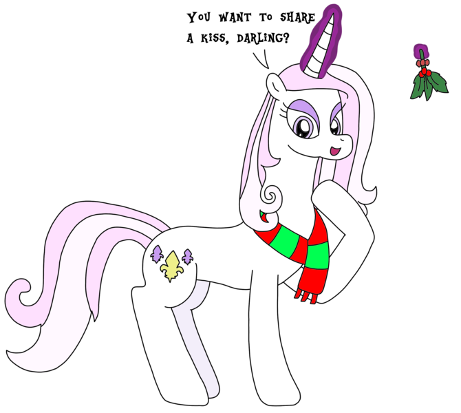 Size: 2671x2393 | Tagged: safe, artist:supahdonarudo, derpibooru import, fleur-de-lis, unicorn, christmas, clothes, darling, dialogue, holiday, holly, holly mistaken for mistletoe, levitation, magic, scarf, simple background, talking to viewer, telekinesis, text, transparent background